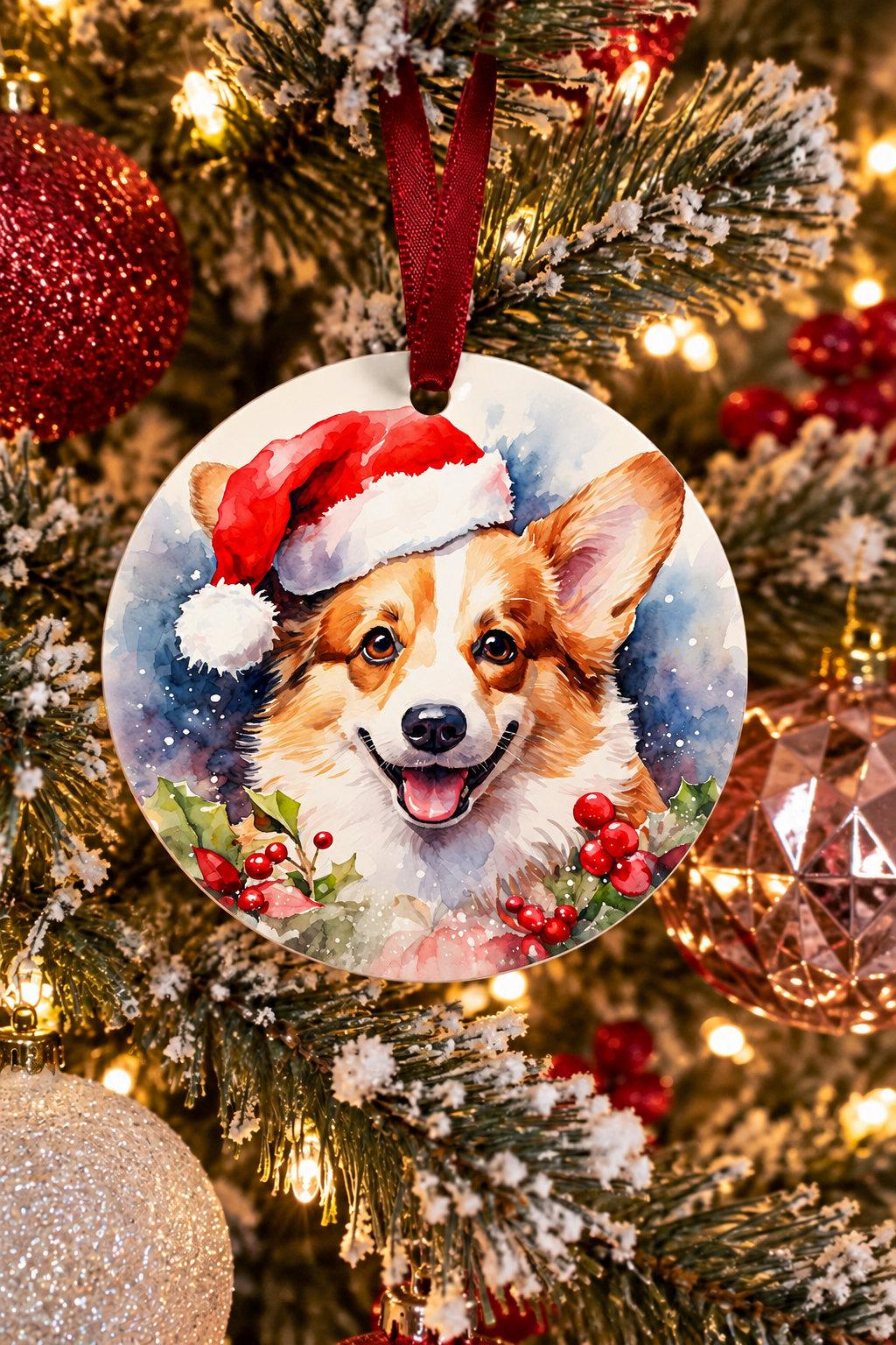 Watercolor Christmas Dog Ornament